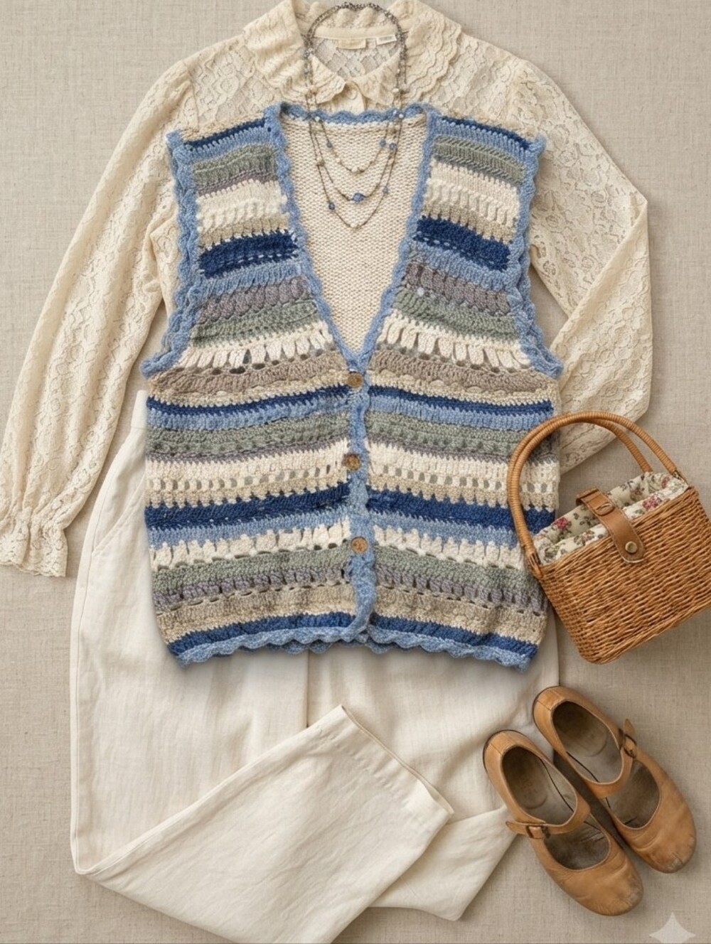 Vintage Huntington Ridge Cream Gray Blue Chunky Knit Cardigan Vest